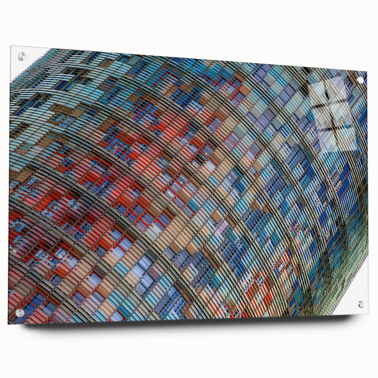 Large abstract depiction of Barcelona scenery in vibrant colors on acrylic glass, suited for bedroom or dining room decor.
