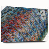 Large abstract depiction of Barcelona skyline in muted blue and gray on acrylic glass.