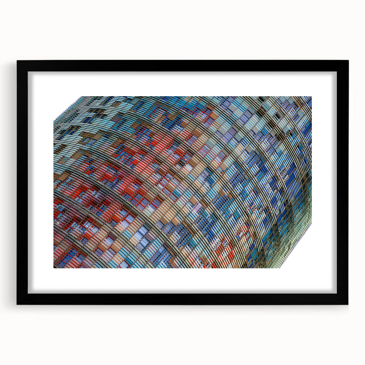 Extra large textured abstract art print of colorful Barcelona scenery on a black framed mat, ideal for living room decor.