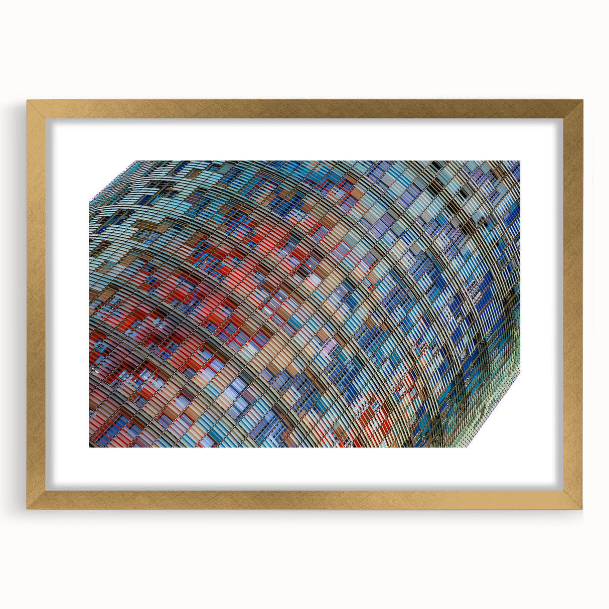 Abstract art print of Barcelona scenery in muted gold and blue tones, framed with a gold mat, suitable for dining room decor.