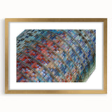 Abstract art print of Barcelona scenery in muted gold and blue tones, framed with a gold mat, suitable for dining room decor.