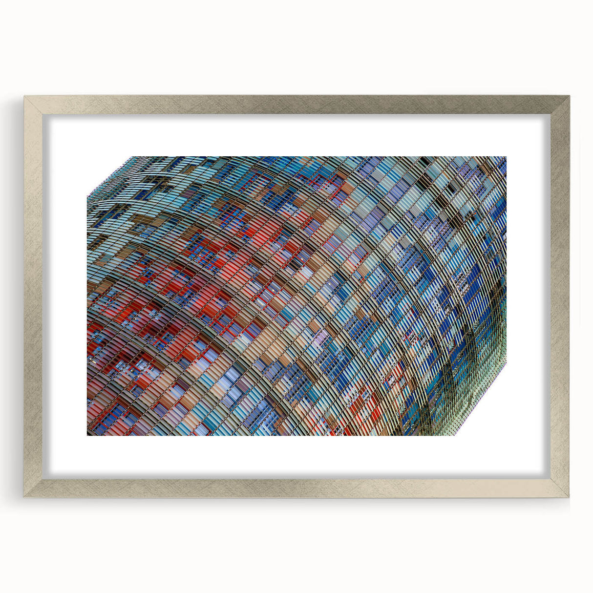 Extra large abstract art print of Barcelona scenery in textured silver frame, ideal for living room decor.