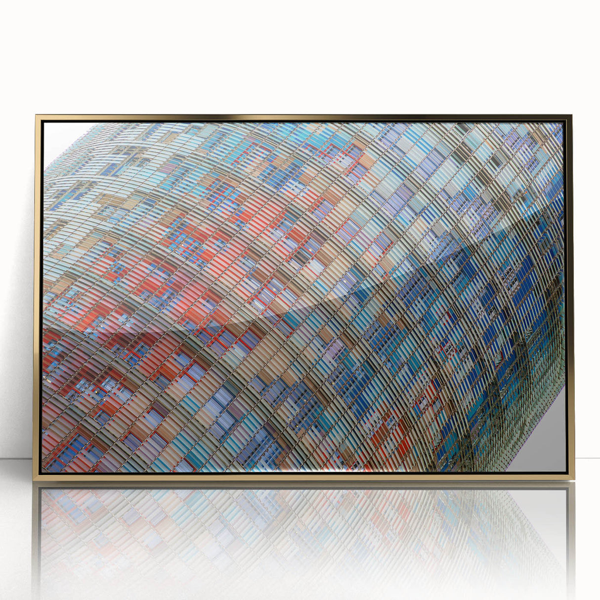 Art Deco style poster of Barcelona scenery in muted gold and blue tones, acrylic framed, suitable for modern wall decor.
