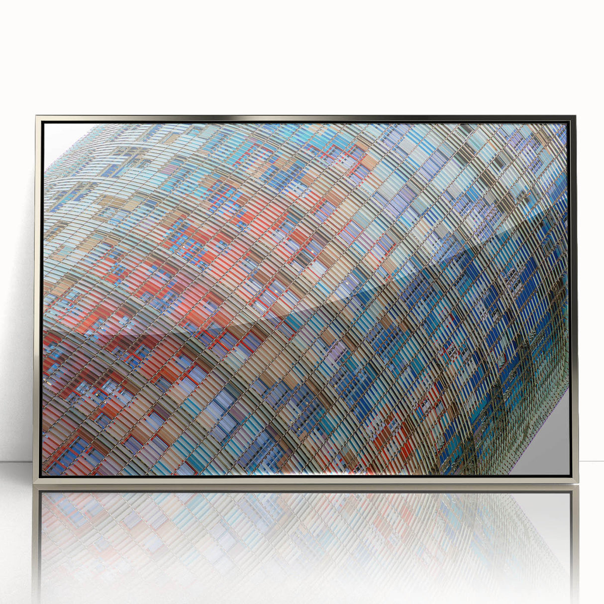 Large art print of Barcelona scenery in muted tones on silver-framed acrylic, ideal for modern art wall decor.
