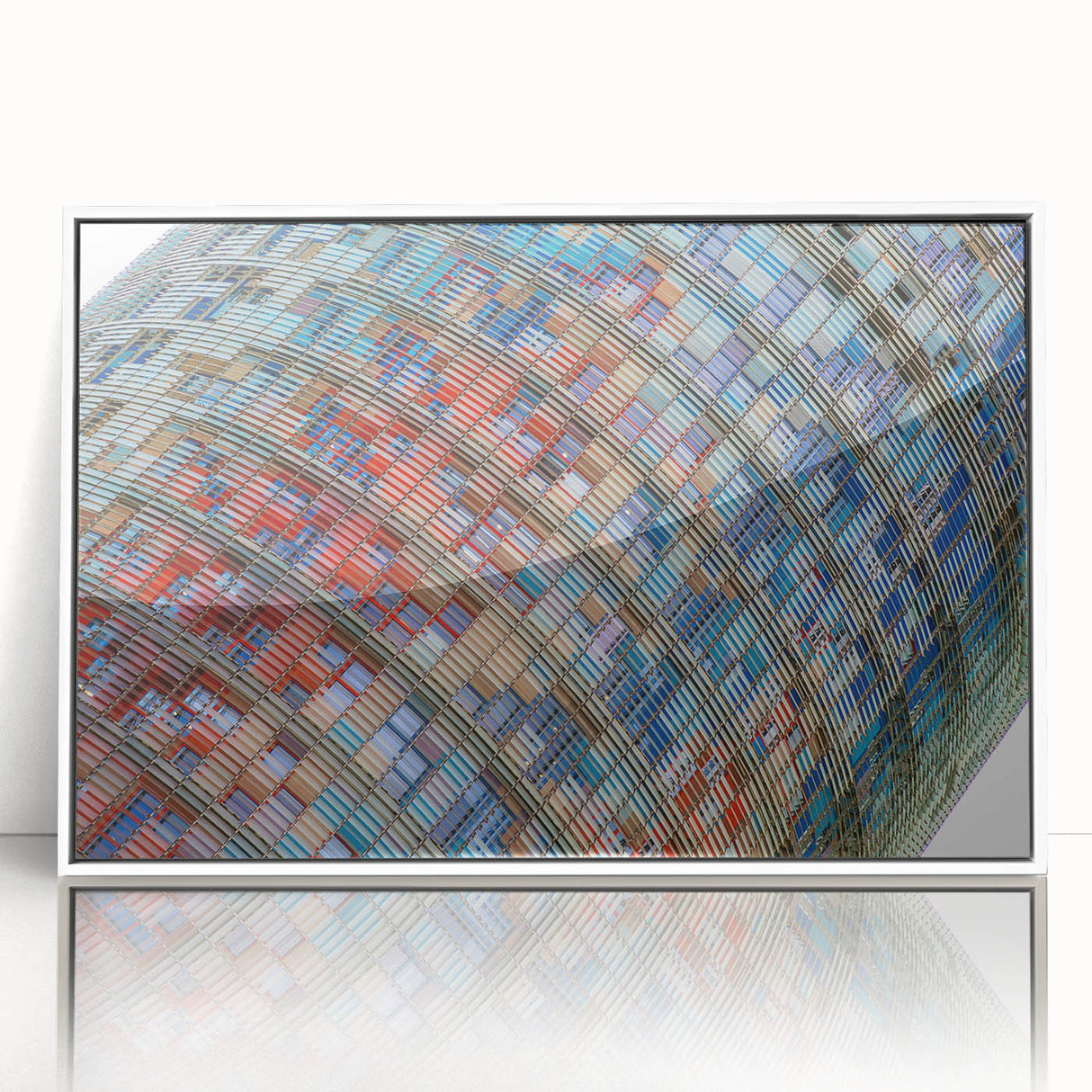 Mid-century modernist art depicting the Barcelona skyline, framed in white acrylic, ideal for nursery wall art.