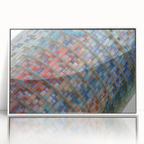 Mid-century modernist art depicting the Barcelona skyline, framed in white acrylic, ideal for nursery wall art.