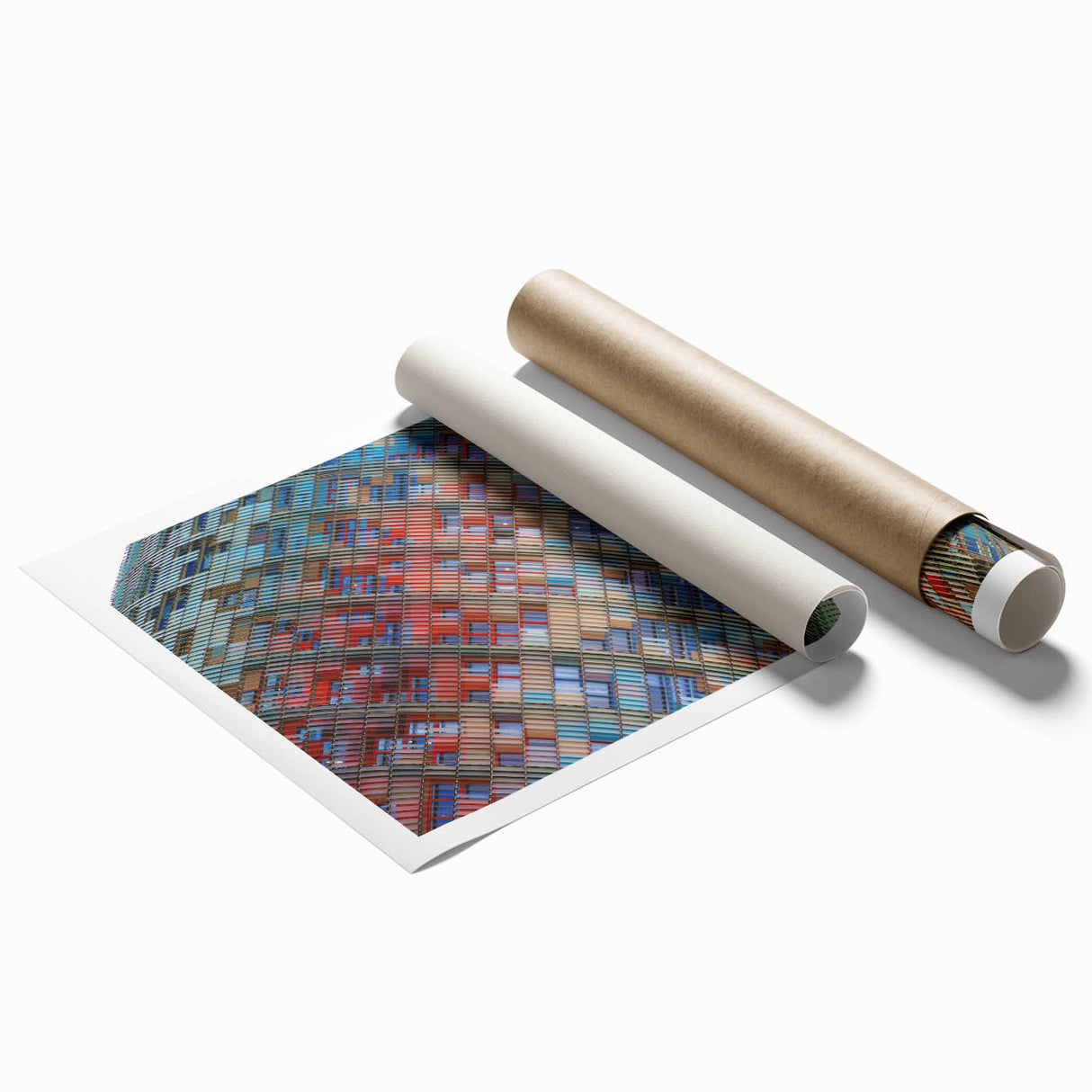 Rolled print of Barcelona scenery with vibrant floral elements, ideal for classy bathroom wall art.