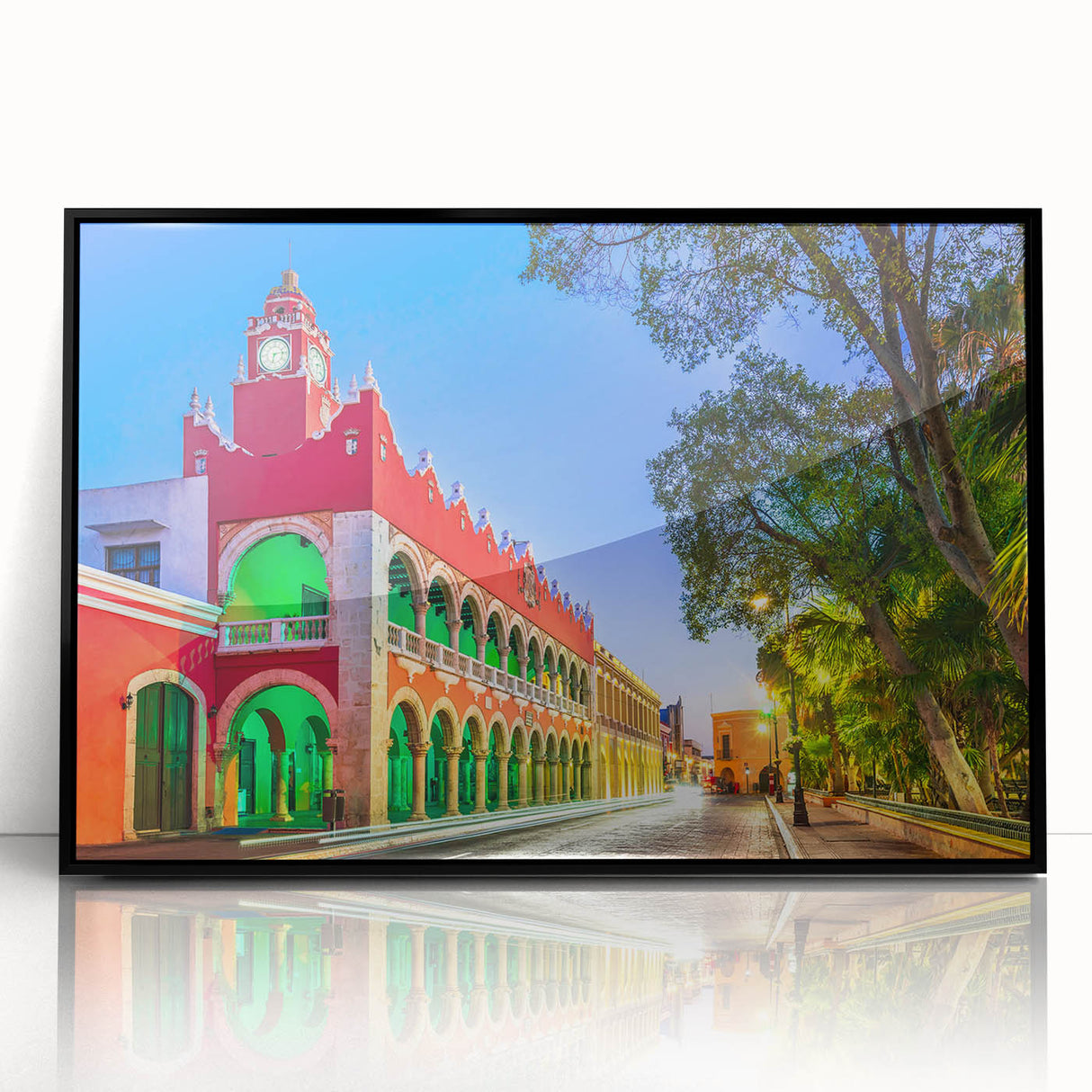 Large abstract wall art depicting a Yucatan scenery in mid-century modernist style, framed in black acrylic.