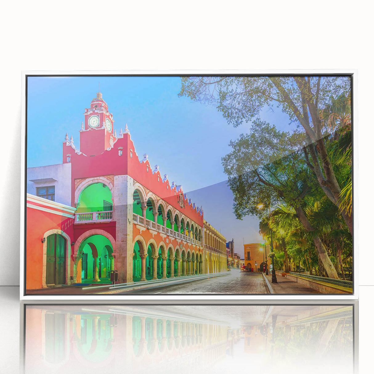 Art deco poster of Yucatan scenery in muted green and blue tones, acrylic print in white frame.