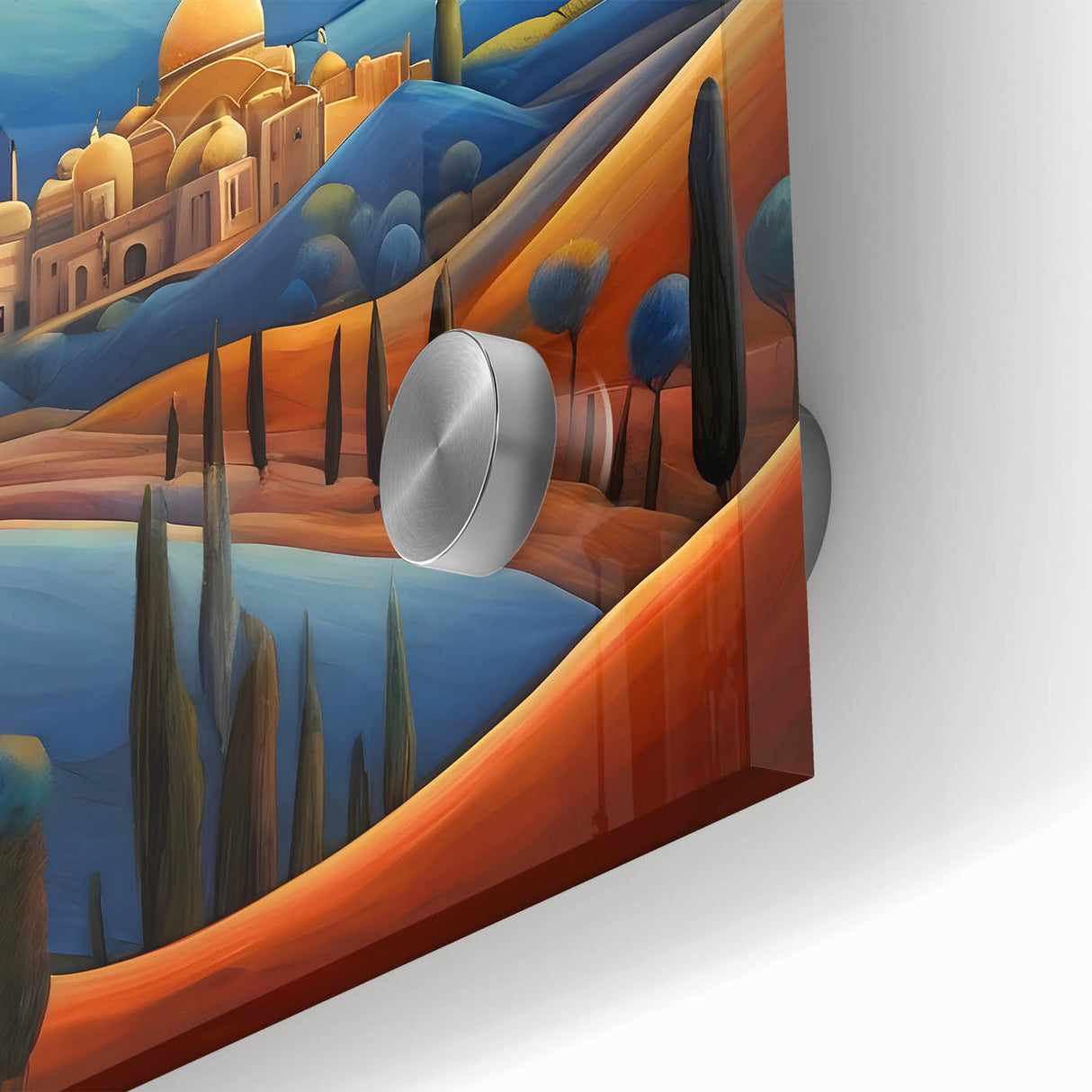 Large abstract wall art featuring a mid-century modernist style scene of Iran, in muted earth tones on acrylic glass.