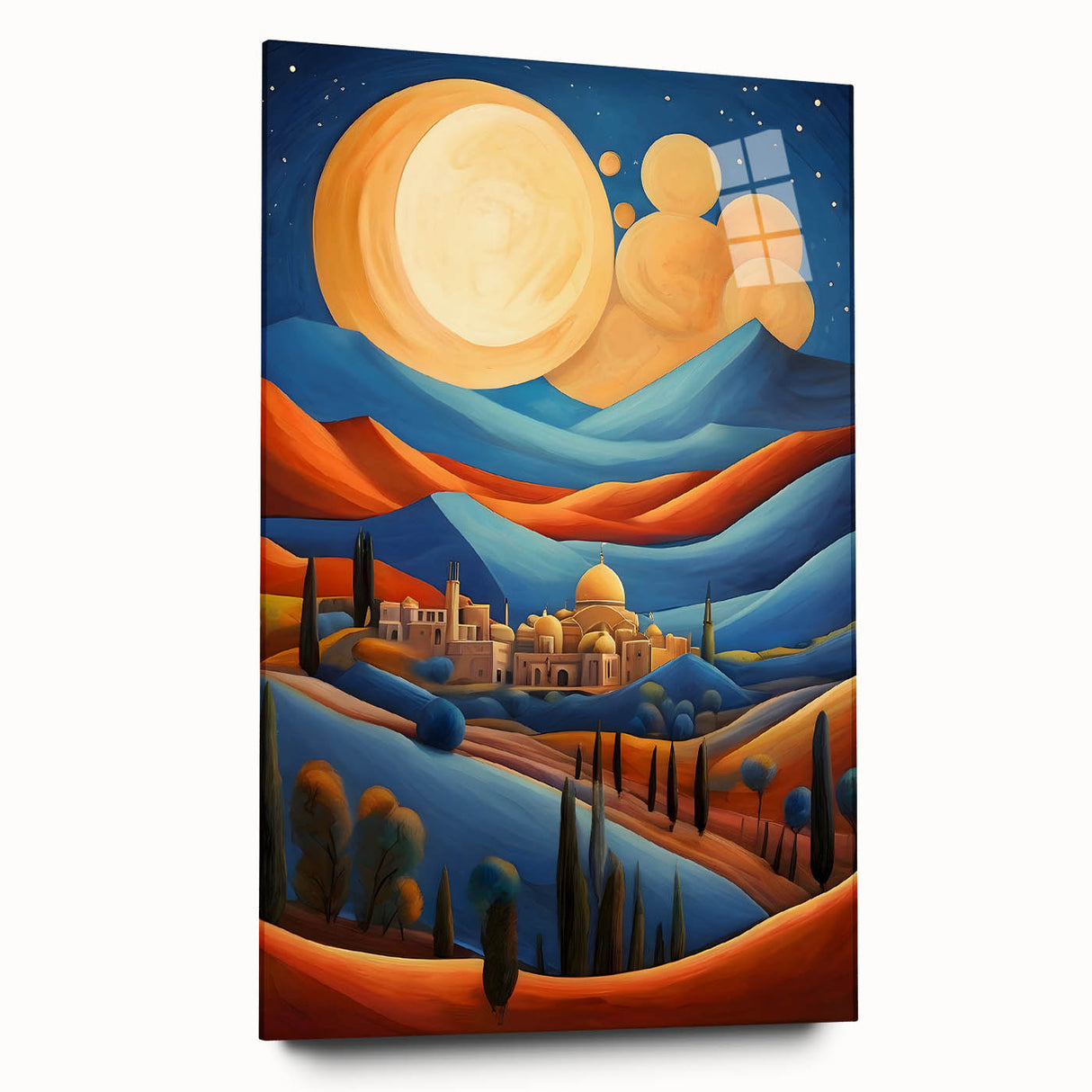 Large abstract wall art of Middle-Eastern scenery in muted earth tones on acrylic glass.