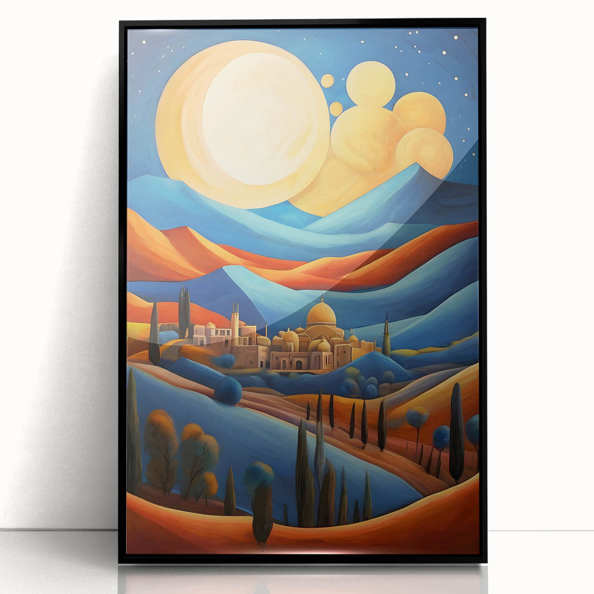 Large abstract wall art depicting a Middle-Eastern scenery in muted earth tones on a framed acrylic.