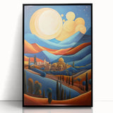 Large abstract wall art depicting a Middle-Eastern scenery in muted earth tones on a framed acrylic.