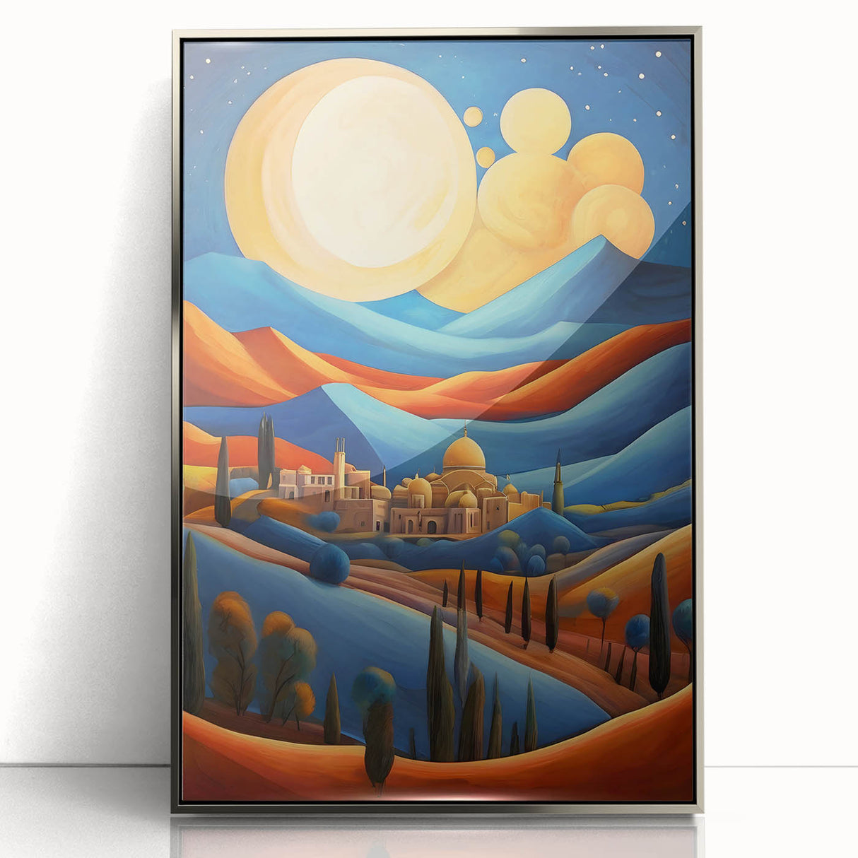 Mid-century modernist art depicting a scenic view of Middle-East Iran in muted earth tones on a framed acrylic.