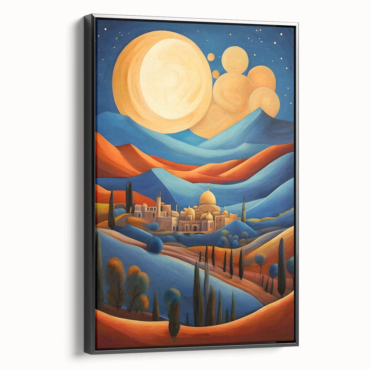 Framed canvas of a black and white vintage landscape painting of a Middle Eastern scenery, ideal for bedroom decor.
