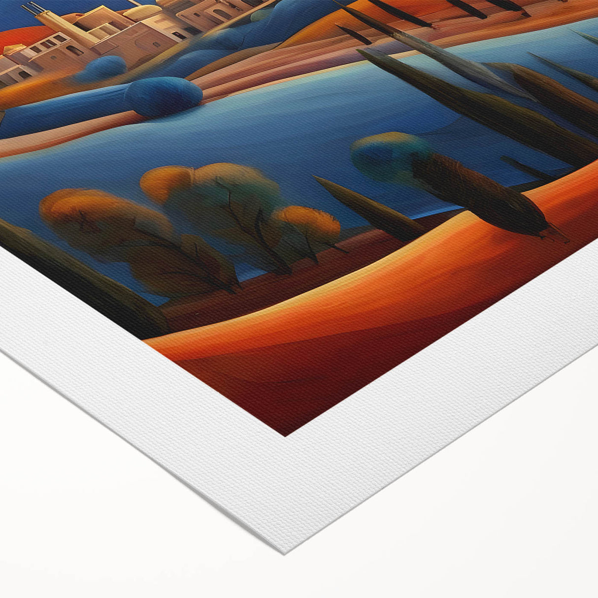 Art deco poster featuring a stylized Middle Eastern landscape in muted earth tones on rolled canvas.