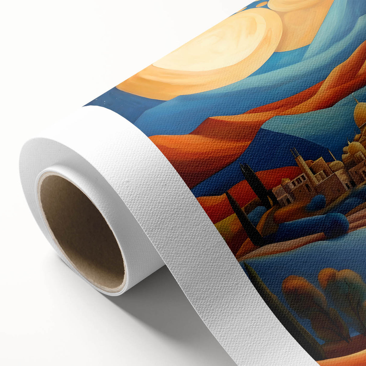 Art Deco poster of Middle East scenery in muted earth tones on rolled canvas, ideal for nursery wall art.