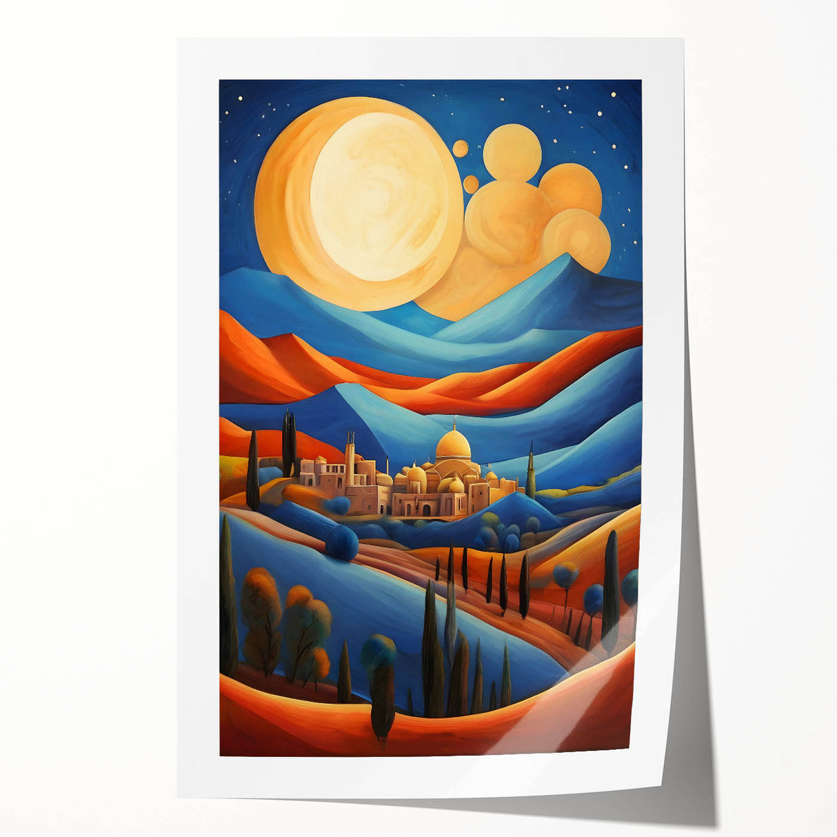 Rolled print of a Middle-Eastern Iranian scenery in muted earth tones, ideal for dining room wall art.