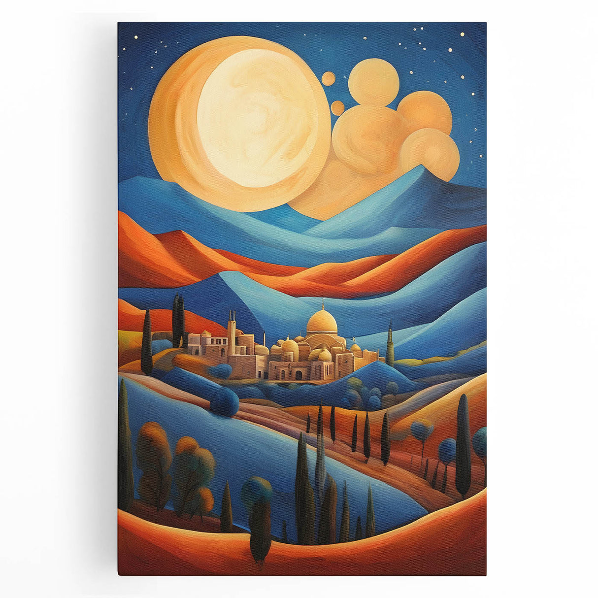 Black and white stretched canvas of a Middle Eastern landscape, ideal for kitchen wall art.