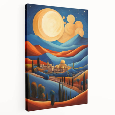 Large canvas print depicting a Middle Eastern scenery in earth tones, suitable for kitchen wall art.
