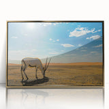 Mid-century modernist style large art print of an Omani landscape in muted gold tones, acrylic framed.