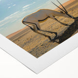Art deco poster of an Omani landscape in muted earth tones on rolled canvas, suitable for dining room wall art.
