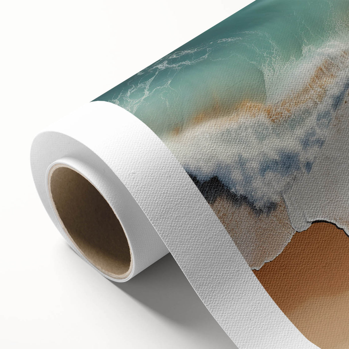 Art deco poster of a serene Fiji beach scene in soft blue and sandy hues on rolled canvas, ideal for nursery wall art.