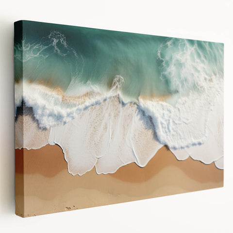 Large stretched canvas of a serene Fiji oceanic scene in muted blues and greens, suitable for kitchen wall art.