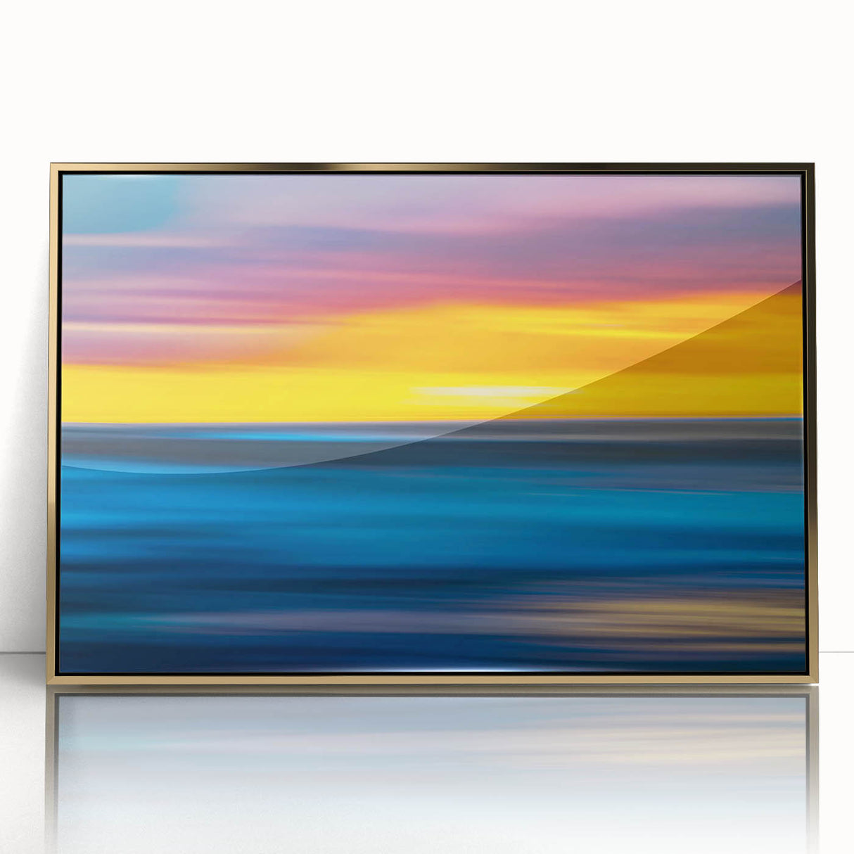 Large art print of Auckland skyline in mid-century modernist style, framed in gold acrylic, ideal for modern art wall decor.