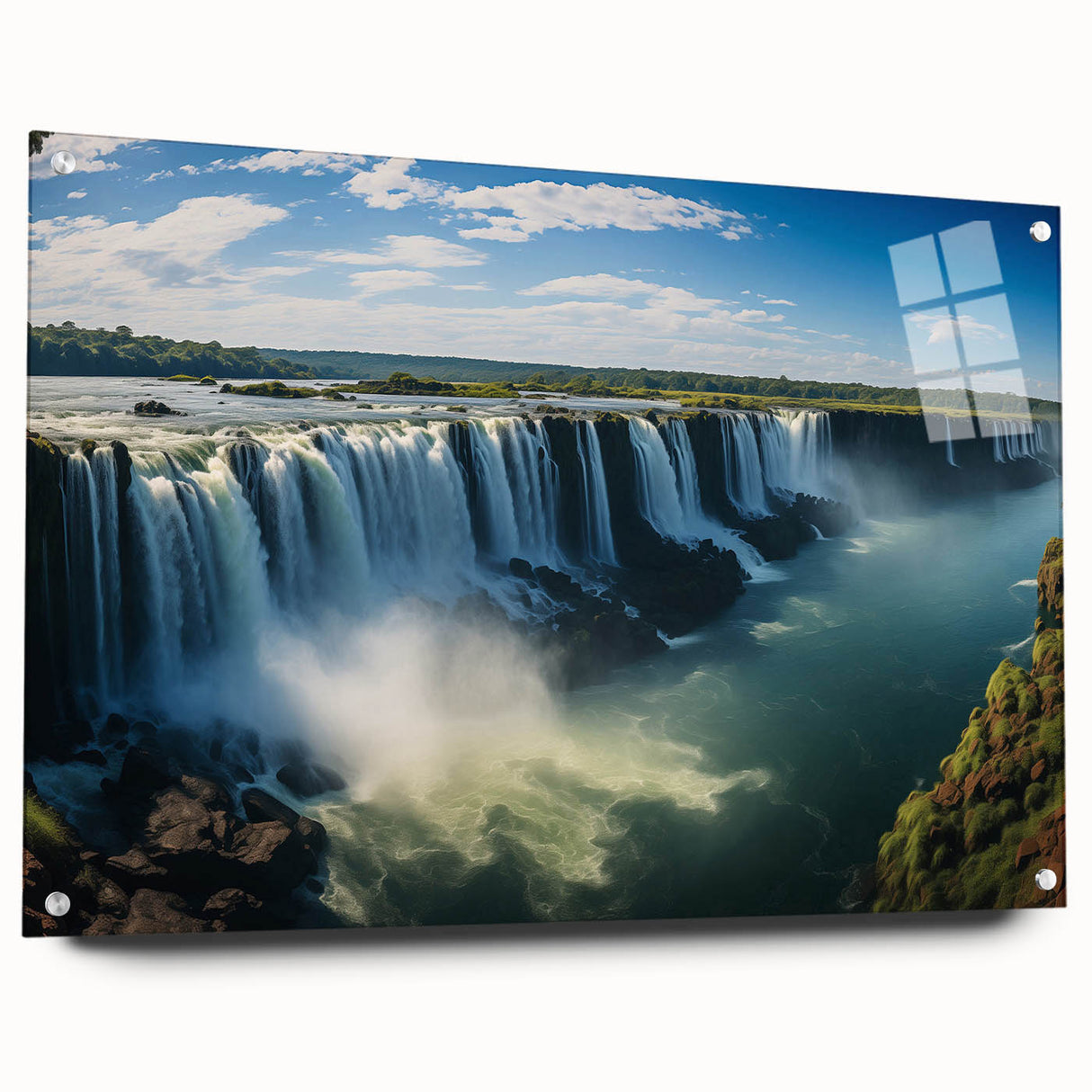 Large abstract wall art of a South American landscape in vibrant hues on acrylic glass, ideal for dining room decor.