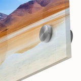 Large abstract wall art depicting Bolivian scenery in muted earth tones on acrylic glass, ideal for dining room ambiance.