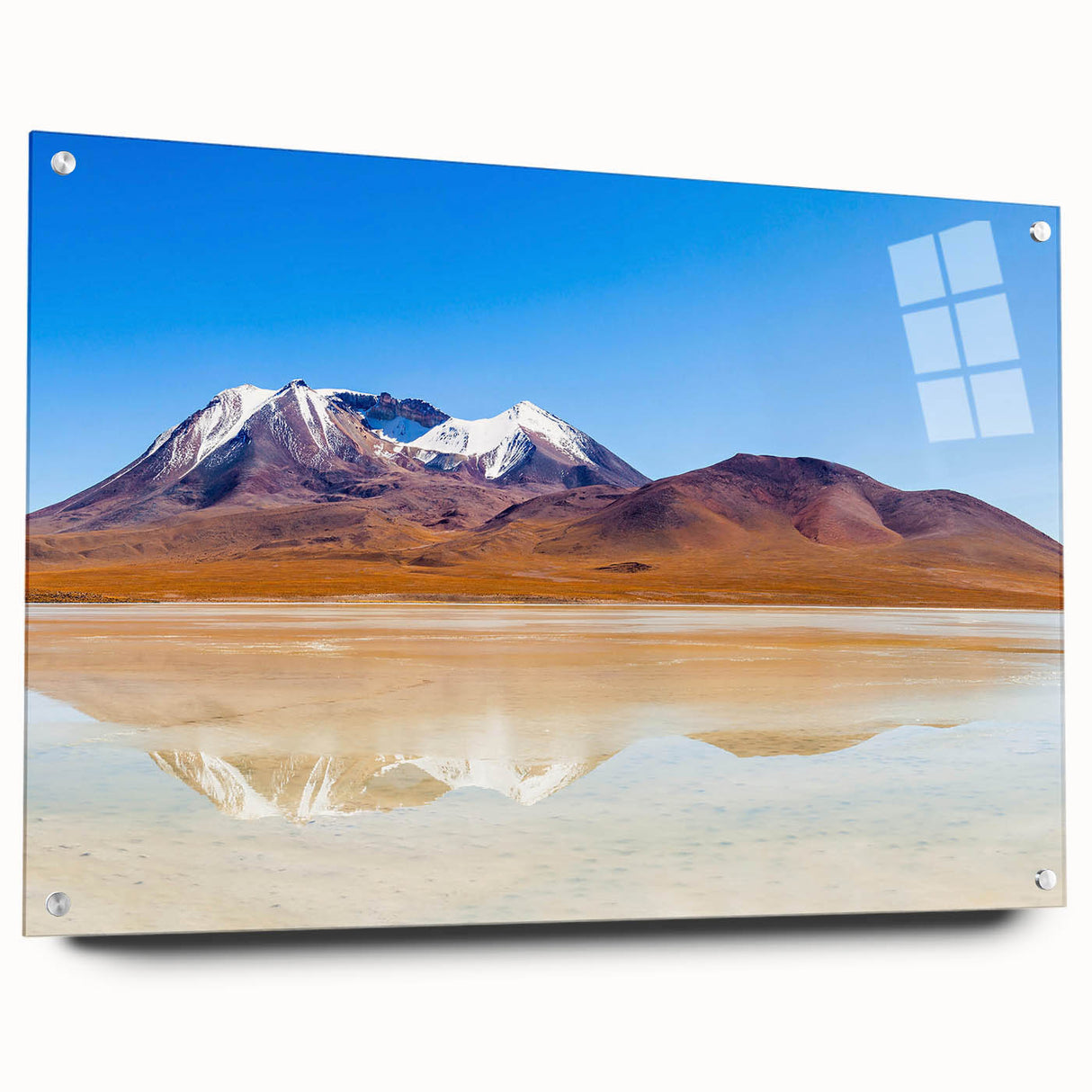Large abstract wall art depicting Bolivian scenery in vibrant earth tones on acrylic glass.