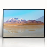 Large abstract wall art depicting a Bolivian landscape in muted earth tones, framed in black acrylic.