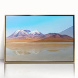 Framed acrylic print featuring a mid-century modernist scenery of Bolivia in earth tones, ideal for modern art wall decor.