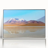 Acrylic print of a Bolivian landscape in muted earth tones, framed in white, suitable for modern art wall decor.