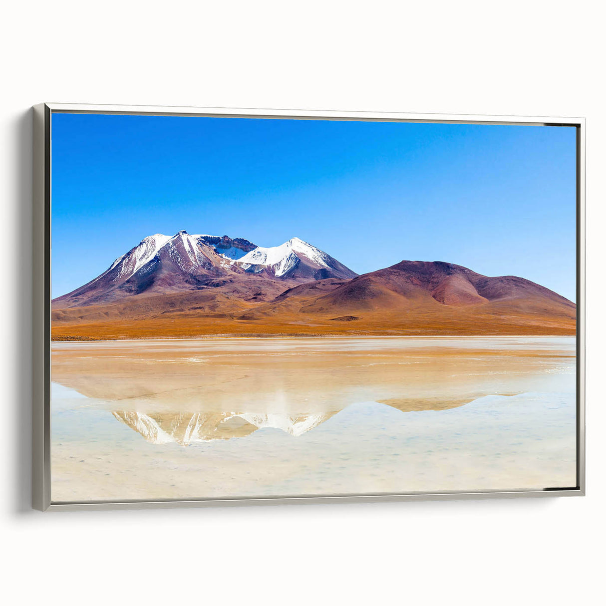 Framed canvas depicting a vintage-style Bolivian landscape with vibrant colors on a black background.