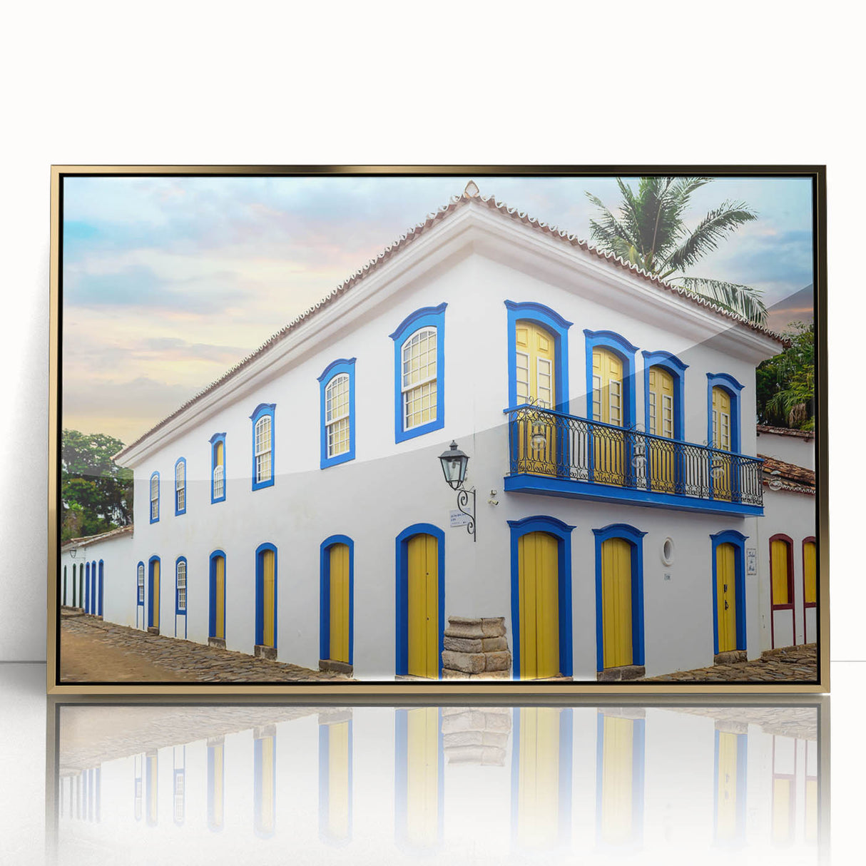 Framed acrylic print of a mid-century modernist Brazilian landscape in gold and green tones, suitable for nursery wall art.