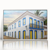 Art deco poster of a Brazilian landscape in muted green and blue tones, framed in white acrylic, ideal for nursery wall art.