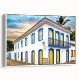 Vintage poster art of a Brazilian landscape on framed canvas in vibrant colors, ideal for living room decor.