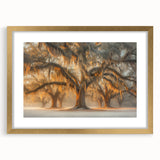 Extra large abstract art print featuring textured Louisiana scenery in muted earth tones, framed in gold.