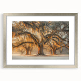 Textured abstract art print of Louisiana scenery in muted earth tones, framed in silver, suitable for bedroom decor.
