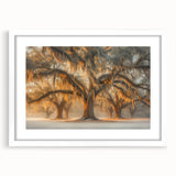 Abstract art print of a Louisiana landscape in muted green and blue tones on a white framed canvas.
