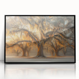 Large abstract wall art depicting a Louisiana landscape in muted earth tones, framed in black acrylic.