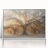 Framed acrylic print of a Louisiana landscape in art deco style, featuring soft pastel colors, ideal for nursery wall art.