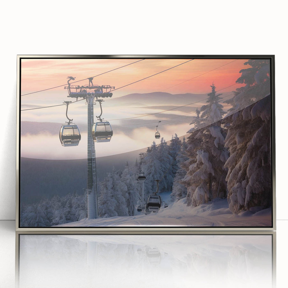 Mid-century modernist art depicting Vermont scenery in muted earth tones on a silver-framed acrylic print.