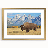 Extra large wall art featuring an abstract depiction of the Grand Tetons in textured grays and blues, framed in gold.