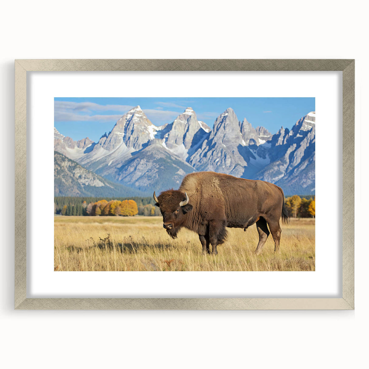 Textured art print of Wyoming's Grand Tetons in muted earth tones on a framed canvas, suitable for bedroom decor.