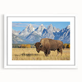 Abstract art print of the Grand Tetons in muted earth tones on a framed white mat, suitable for dining room decor.