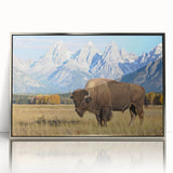 Mid-century modernist art of Wyoming's Grand Tetons in muted earth tones on a framed acrylic, suitable for nursery wall art.