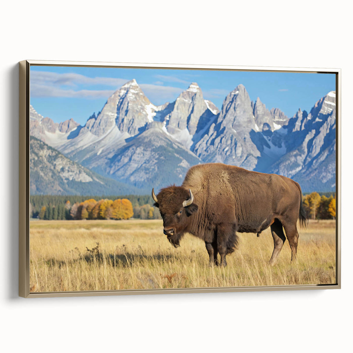 Framed canvas wall art featuring a vintage-style landscape of the Grand Tetons in Wyoming, with muted earth tones.